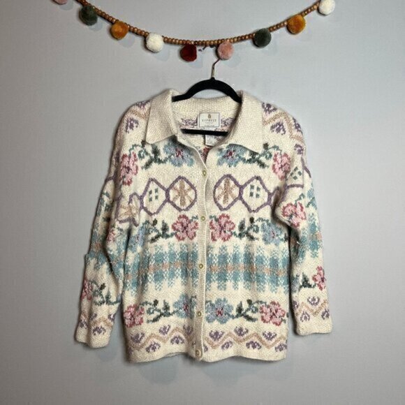 Vintage Express cottagecore handknit silk angora blend patterned cardigan - Picture 1 of 5